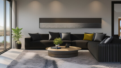 modern living room with view, postmodern, luxurious, Generative AI