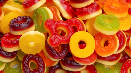 Assorted colorful gummy candies. Jelly donuts. Jelly bears.
