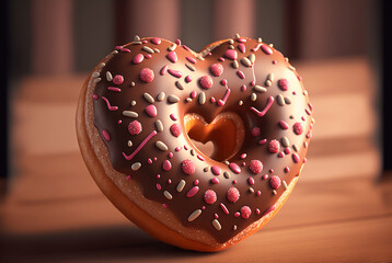 Valentines Day doughnuts flat lay. Donuts Generative AI, heart shaped donut with sprinkles.