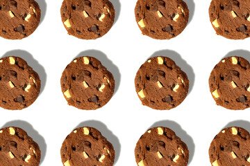 Chocolate chip cookie pattern on a white background. Lots of brown baked cookies, filled with chocolate. Table top view flat lay. Also usable for: data protection, cookie policy, web tracking