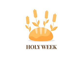 Christian greeting card or banner of the Holy Week before Easter. bread, wheat on white background. Maundy Thursday, Good Friday, Holy Saturday,. Vector illustration