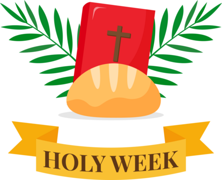 Christian greeting card or banner of the Holy Week before Easter. Bread, Bible, palm branches, yellow ribbon. Vector illustration