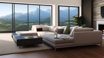 Fototapeta premium modern living room with view, postmodern, luxurious, Generative AI