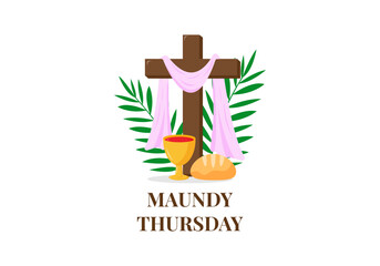 Christian greeting card or banner of the Holy Week before Easter. with communion, palm branches, wine, bread, cross of Jesus Christ. Religious postcard. Vector illustration
