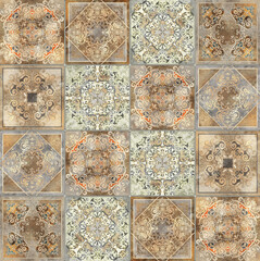 Digital tiles design. 3D render Colorful ceramic wall tiles decoration. Abstract damask patchwork seamless pattern with geometric and floral ornaments, Vintage tiles intricate details