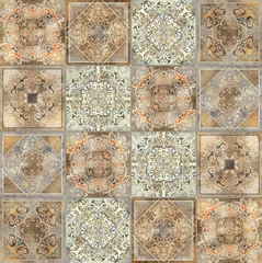 Tapeten Digital tiles design. 3D render Colorful ceramic wall tiles decoration. Abstract damask patchwork seamless pattern with geometric and floral ornaments, Vintage tiles intricate details © Feoktistova