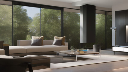 modern living room with view, postmodern, luxurious, Generative AI