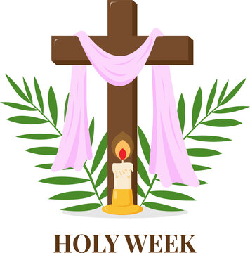 Christian greeting card or banner of the Holy Week before Easter. Candle witn fire and palm branches, cross of Jesus Christ. Vector illustration