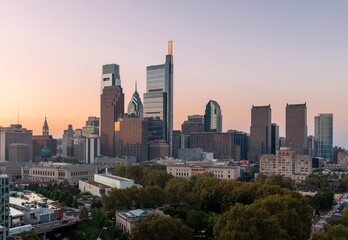 Philadelphia Skyline with Business District Area. Beautiful Morning Sunlight and Sky. Pennsylvania.
