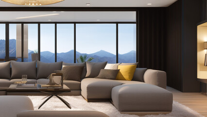Fototapeta premium modern living room with view, postmodern, luxurious, Generative AI