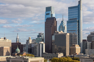 Philadelphia City Center and Business District Skyscrapers. Cloudy Blue Sky, Beautiful Sunlight.