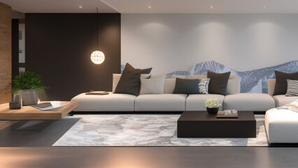 modern living room with view, postmodern, luxurious, Generative AI