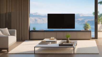Fototapeta premium modern living room with view, postmodern, luxurious, Generative AI