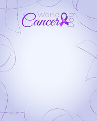 World Cancer Day concept blank with empty space for text. Realistic ribbon on light lavender background. February 4 th. Vector frame for social media, medical form, blank, poster design or web ads.