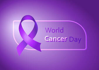 Obraz premium World Cancer Day concept. Realistic purple Ribbon on violet background. February 4 th is Cancer Awareness Day. Vector illustration for social media, greetings card, poster design or web banner, ads.