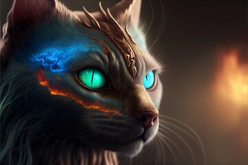 Viking Cat, with blue and green Eyes on fire