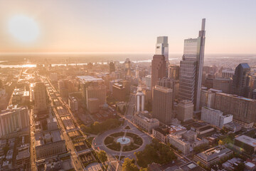 Sunset Skyline of Philadelphia, Pennsylvania, USA. Business Financial District and Skyscrapers in Background.