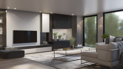 Fototapeta na wymiar modern living room with view, postmodern, luxurious, Generative AI