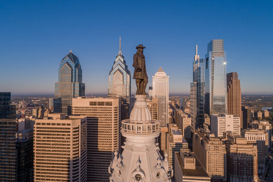 Statue of William Penn. William Penn is a bronze statue by Alexander Milne Calder of William Penn. It is located atop the Philadelphia City Hall, Pennsylvania.