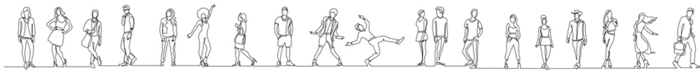 continuous line drawing vector illustration with FULLY EDITABLE STROKE of group of confident positive diverse people standing in a row