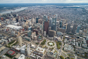 Top View of Downtown Skyline Philadelphia USA and City Hall. Philadelphia City Center, Pennsylvania. Business Financial District and Skyscrapers in Background.