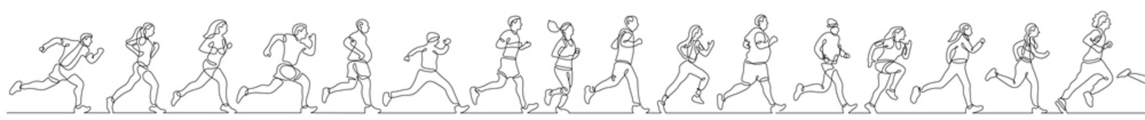 continuous line drawing vector illustration with FULLY EDITABLE STROKE of group of diverse people exercising jogging