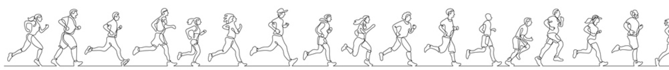 continuous line drawing vector illustration with FULLY EDITABLE STROKE of group of diverse people running jogging