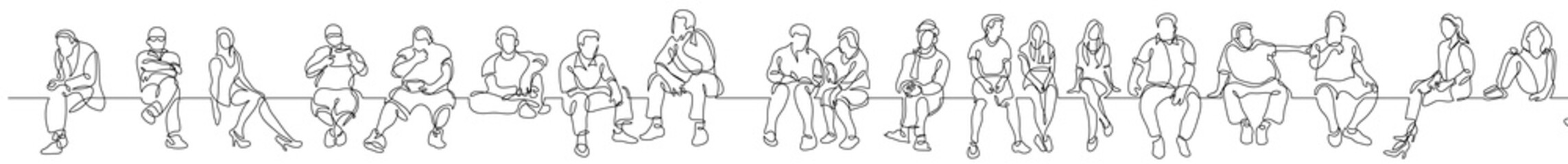 continuous line drawing vector illustration with FULLY EDITABLE STROKE of group of various diverse people sitting thinking