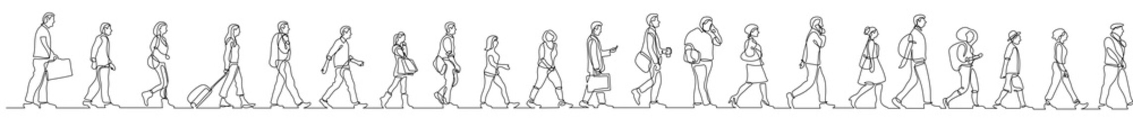 continuous line drawing vector illustration with FULLY EDITABLE STROKE of group of various diverse people walking on street