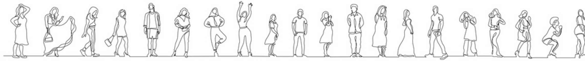 continuous line drawing vector illustration with FULLY EDITABLE STROKE of group of various happy diverse people standing in row