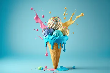 Fotobehang Melting ice cream cone. Created with generative Ai technology. © uladzimirzuyeu