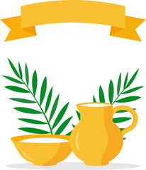 Christian greeting card or banner of the Holy Week before Easter. the bason and ewer with water, palm branches, clean ribbon. Vector illustration