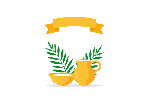 Christian greeting card or banner of the Holy Week before Easter. the bason and ewer with water, palm branches, clean ribbon. Vector illustration