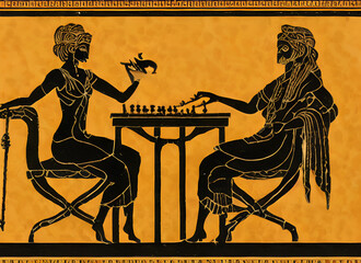 greek mythology character silhouettes of couple playing chess on yellow background in ancient amphora painting style, generative ai