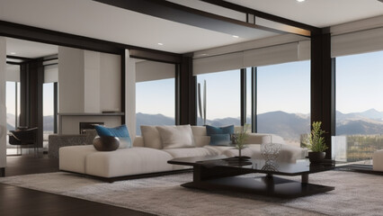 modern living room with view, postmodern, luxurious, Generative AI