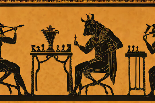 greek mythology character silhouettes of minotaur playing chess on yellow background in ancient amphora painting style, generative ai