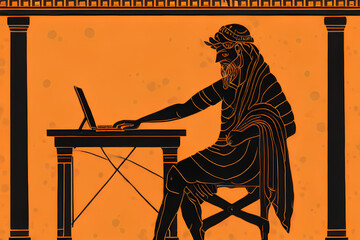 greek mythology character silhouettes of zeus using a modern laptop computer on yellow background in ancient amphora painting style, generative ai