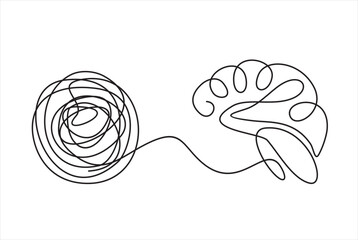 Chaos and brain, abstract minimalist concept vector illustration. Metaphor of disorganized difficult problem mess with single continuous tangle thread in need of unraveling, found solution.