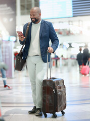 Phone, travel or happy black man in airport typing, chatting or networking via email online....