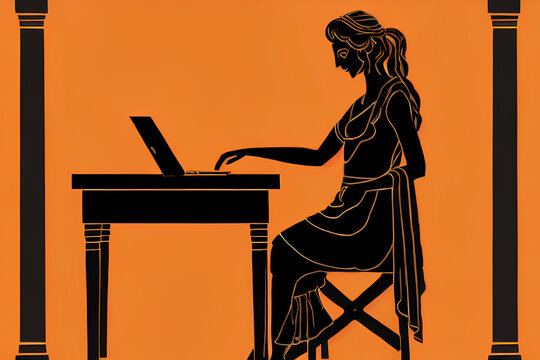 Greek Mythology Character Silhouettes Of Woman Using A Modern Laptop Computer On Yellow Background In Ancient Amphora Painting Style, Generative Ai