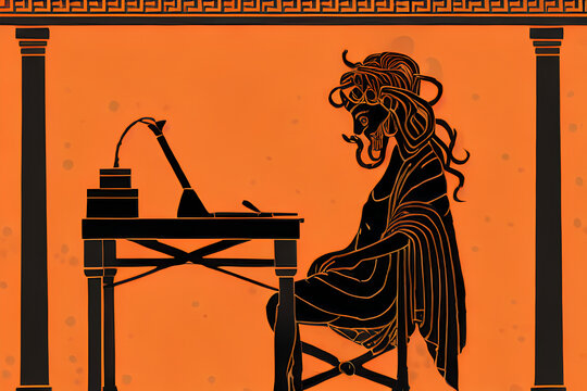 greek mythology character silhouettes of medusa using a modern laptop computer on yellow background in ancient amphora painting style, generative ai