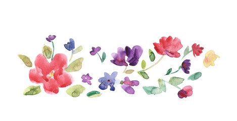 Fototapeta na wymiar Watercolor delicate floral arrangement, blue and pink tulips stand out against a white background, the pattern is ideal for textiles, wrapping paper and scrapbooking