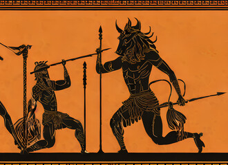 greek mythology character silhouettes of warrior fighting minotaur on yellow background in ancient amphora painting style, generative ai - obrazy, fototapety, plakaty