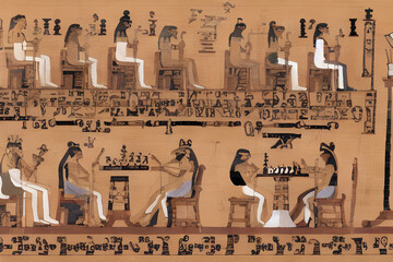 egyptian wall painting showing ancient people playing chess, generative ai