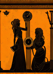Fototapeta premium greek mythology character silhouettes with a clock on yellow background in ancient amphora painting style, generative ai