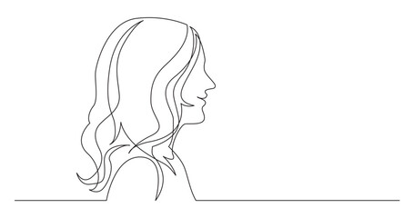 continuous line drawing vector illustration with FULLY EDITABLE STROKE of smiling young woman with curly hair