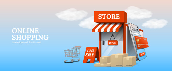 Online shopping smartphone with credit card. Cloud above store with parcel boxes and shopping cart. 3D vector.