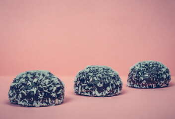 Chocolate buns with coconut topping, product photography