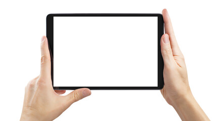 Hands holding black tablet computer cut out