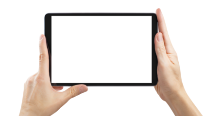 Hands holding black tablet computer cut out